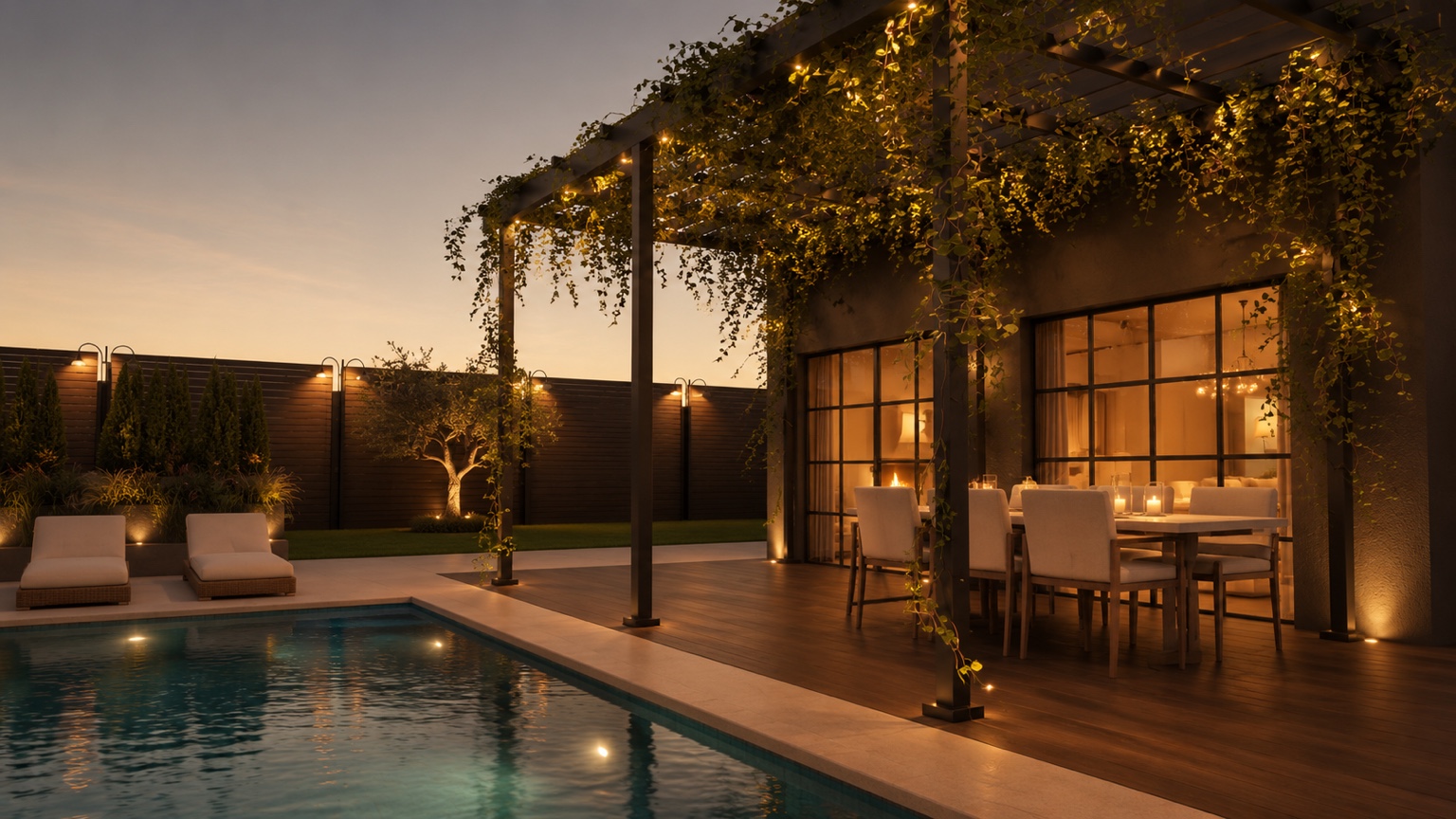 Outdoor Planung mit Pool Terrasse und Lichtkonzept